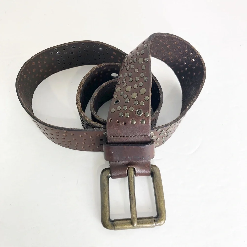 Brown leather, eyelet, studded, chunky hardware belt